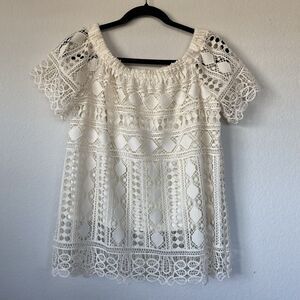 Maurices Womens Short Sleeve Cream Lacey Blouse Size M Boho Cottage Core Peasant